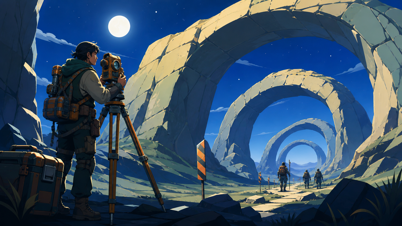 An adult surveyor measuring a forest of enormous smooth stone arches, during a practical pause in a longer journey. Expansive landscape with the expedition following a readable route. Moonlit indigo, oxidized copper, pal