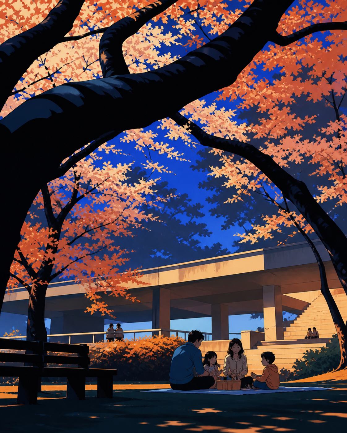 Families picnicking beneath broad spring blossom canopies, as changing weather transforms the color relationships. Low upward view using branches to frame people and architecture. Cobalt, persimmon orange, warm concrete,
