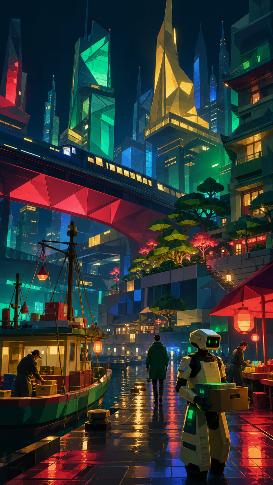 A neon harbor where fishing boats coexist with gentle service robots, on a humid night after rain, full of reflections and everyday life. Street-level cinematic view looking upward through layered architecture. Emerald, 