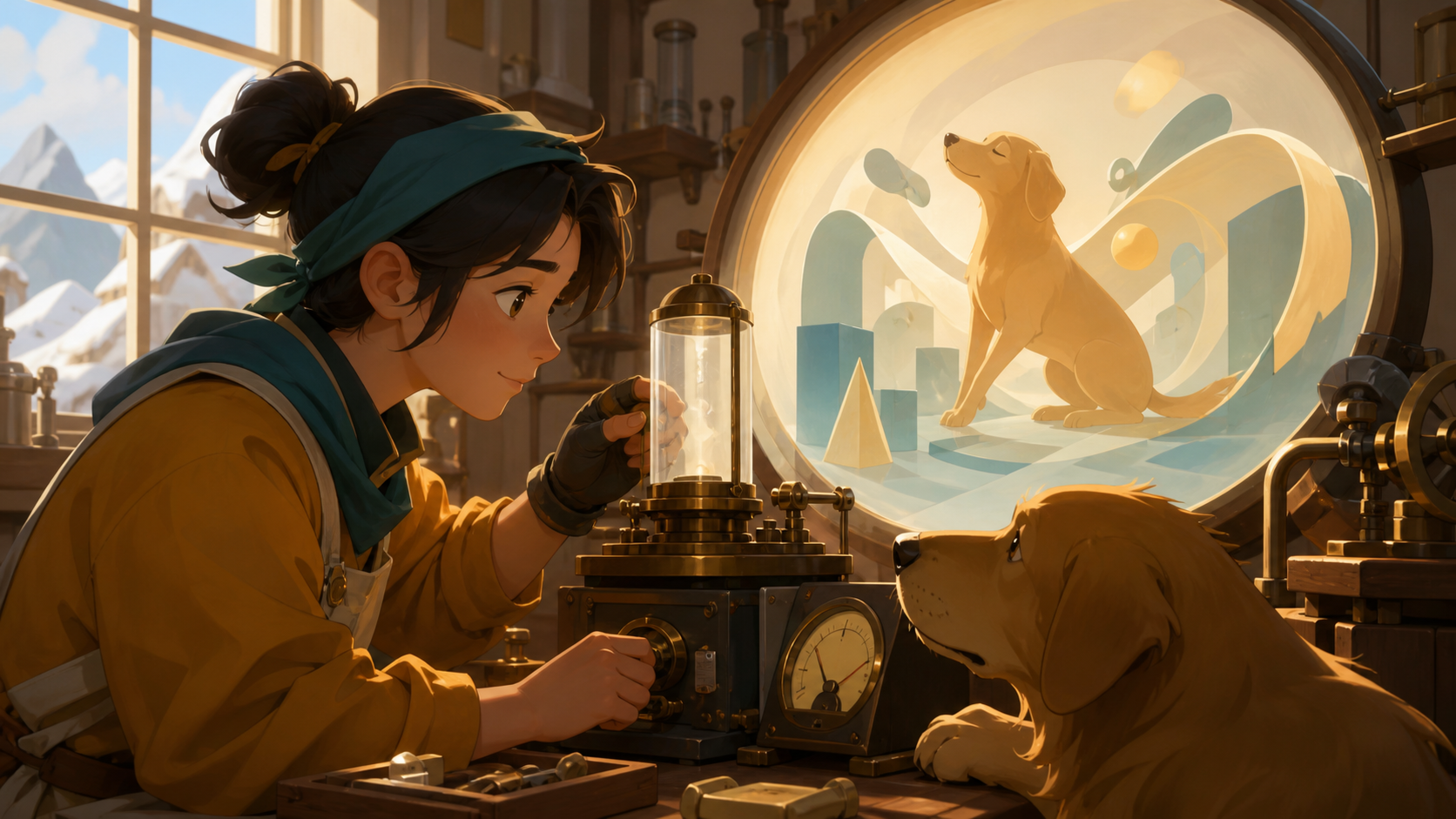 A research mechanic calibrating a machine that translates animal dreams into shapes, when a prototype succeeds in a gentler way than intended. Close collaborative workbench scene with the result visible behind. Saffron, 