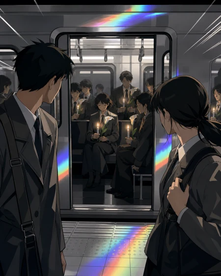 Two adult commuters realizing every passenger has brought the same flower, shown as intimate public life rather than a vehicle showcase. Platform view framing an intimate moment th