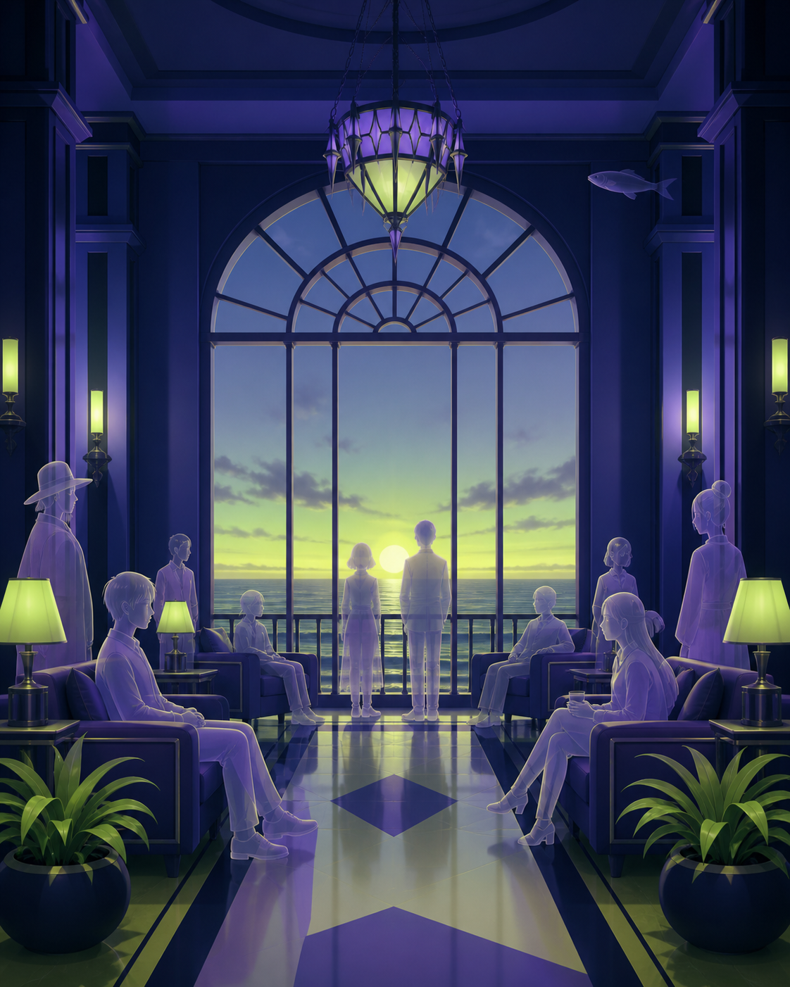 A seaside hotel where translucent guests patiently wait for sunrise, quiet and beautiful enough to invite curiosity despite the unease. Still symmetrical frame disturbed by one small impossible detail. Acid lime, ultravi