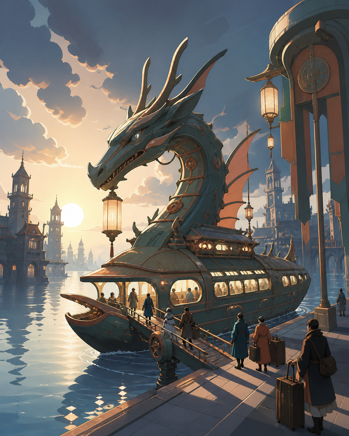 A dragon-shaped riverboat transporting travelers through a flooded kingdom, arriving at an extraordinary terminal during difficult weather. Grand three-quarter vehicle view embedded naturally in its route. Moonlit indigo