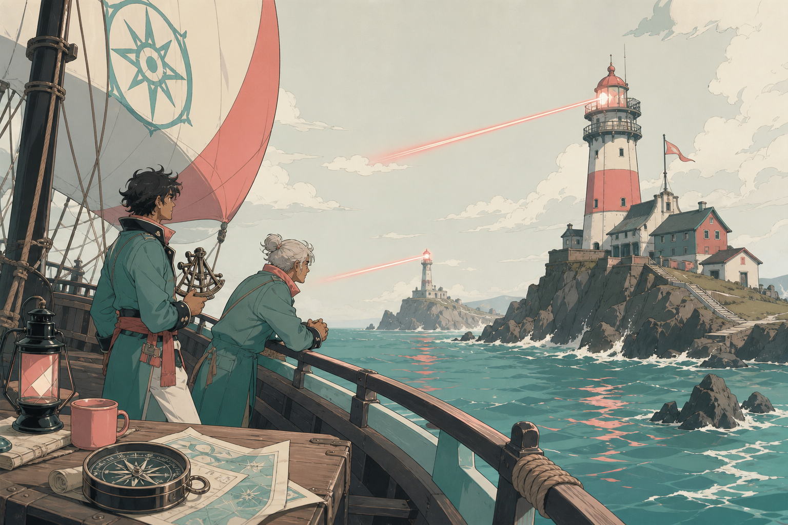 Two lighthouse keepers discovering their towers have begun exchanging signals, mid-voyage with practical deck work revealing the crew's relationships. Wide maritime view placing vessel and destination in clear relation. 