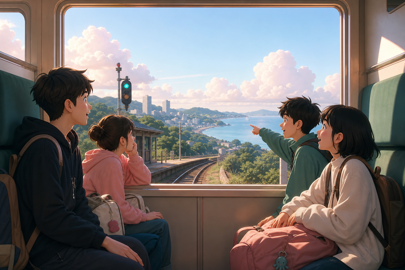 Teen friends taking their first independent trip to the sea, as the route crosses from a modern city into an enchanted countryside. View across the carriage toward a large landscape-filled window. Celadon, coral pink, in