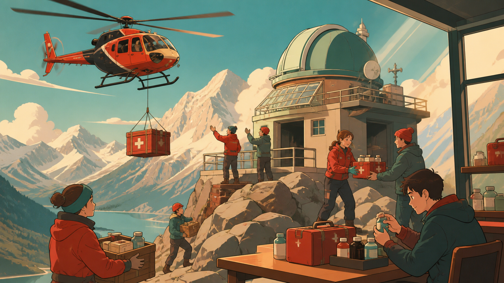 A mountain rescue pilot delivering medicine to an isolated observatory, with ordinary people contributing through distinct useful tasks. Human-scale teamwork frame surrounded by the larger affected environment. Vermillio