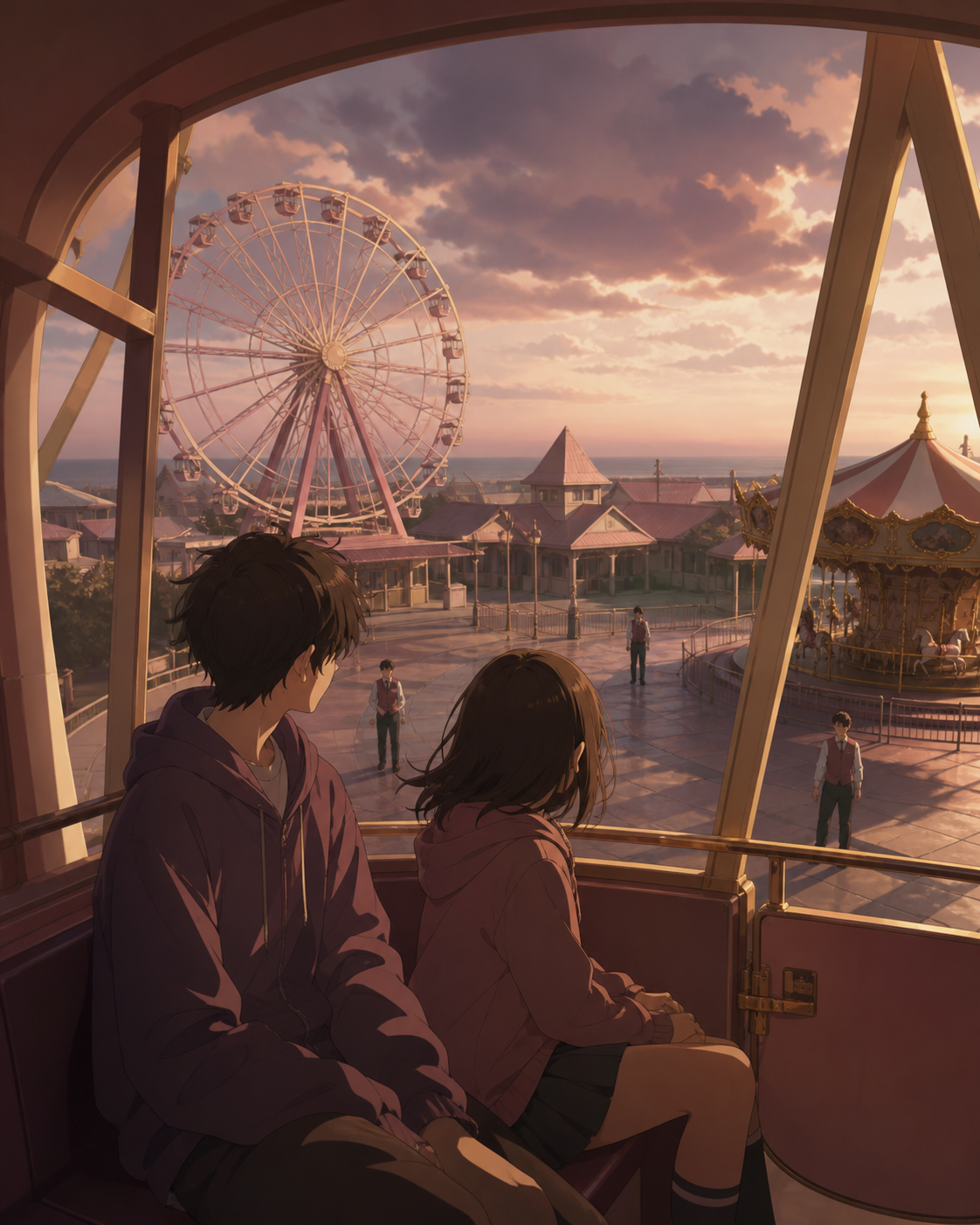 Teen friends riding a nearly empty ferris wheel after a summer storm, on a quiet weekday with more staff than visitors. Wide park panorama anchored by one relationship in the foreground. Muted rose, parchment, muted plum