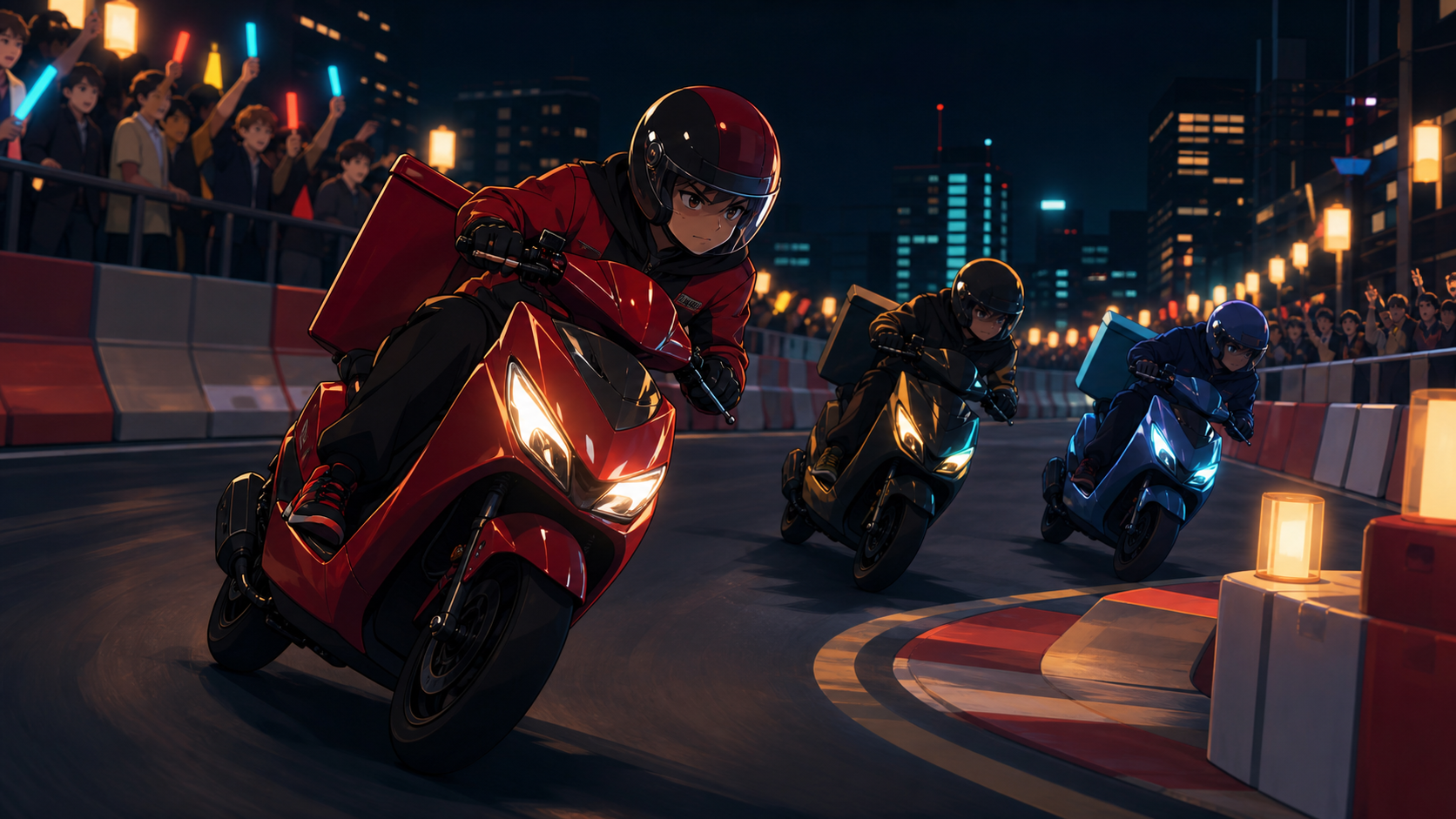 Delivery scooters weaving through a playful closed-course city race, during a legal night event with spectators safely behind barriers. Long-lens road view compressing several racers into one readable battle. Pine black,