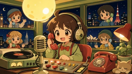 A late-night radio host receiving calls from listeners in alternate cities, with regular customers treating the impossible feature as normal. Close counter scene with equipment cre