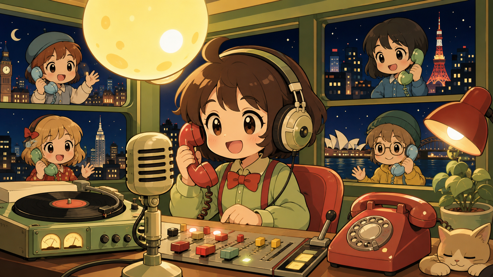 A late-night radio host receiving calls from listeners in alternate cities, with regular customers treating the impossible feature as normal. Close counter scene with equipment creating strong foreground shapes. Soft pis