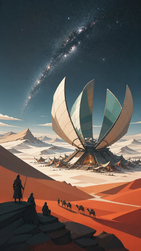 A nomadic observatory opening its mirrored sails beneath the Milky Way, with tiny travelers and camp details emphasizing the monumental landscape. Extreme wide landscape with a sma