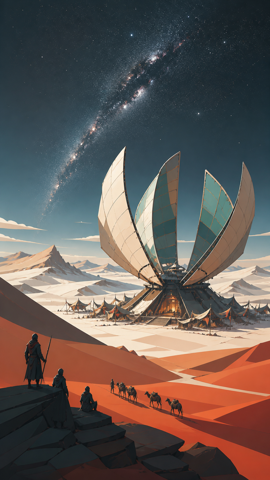 A nomadic observatory opening its mirrored sails beneath the Milky Way, with tiny travelers and camp details emphasizing the monumental landscape. Extreme wide landscape with a small but readable journey crossing it. Ver