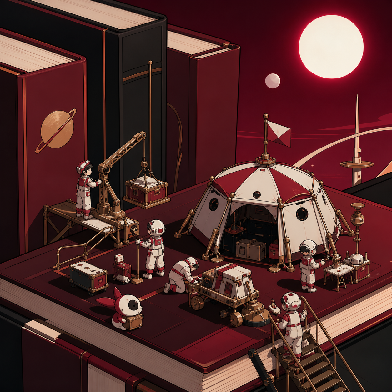 Tiny explorers establishing a camp between enormous library books, as inhabitants solve an everyday problem using ingenious small machinery. Isometric-like miniature vista with multiple readable zones of activity. Crimso