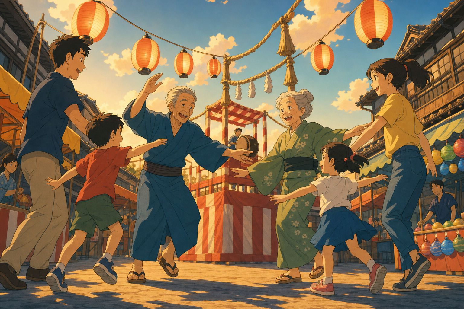 Grandparents teaching their family a traditional circle dance, during late afternoon as lanterns begin to glow. Low-angle parade view framed by lantern lines and rooftops. Clay red, sage, faded denim, and sunflower yello