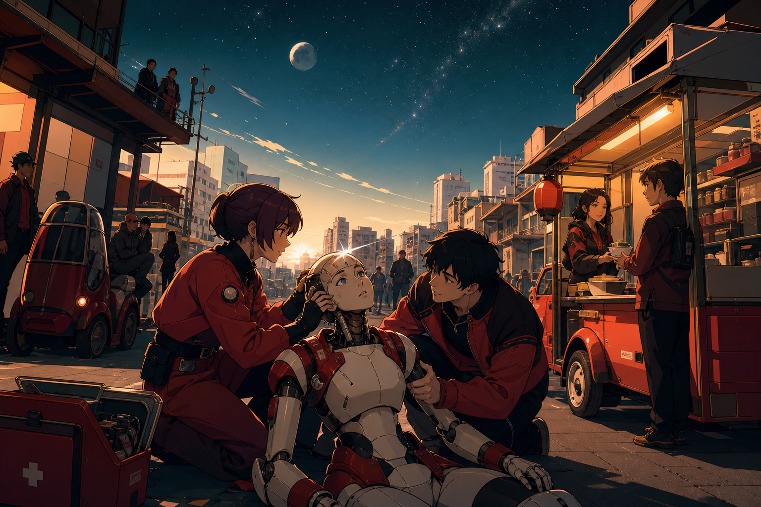 Street medics helping a service android recover its lost memories, as an unexpected power outage reveals the real night sky. Street-level cinematic frame with deep layers of neighborhood activity. Crimson, black cherry, 