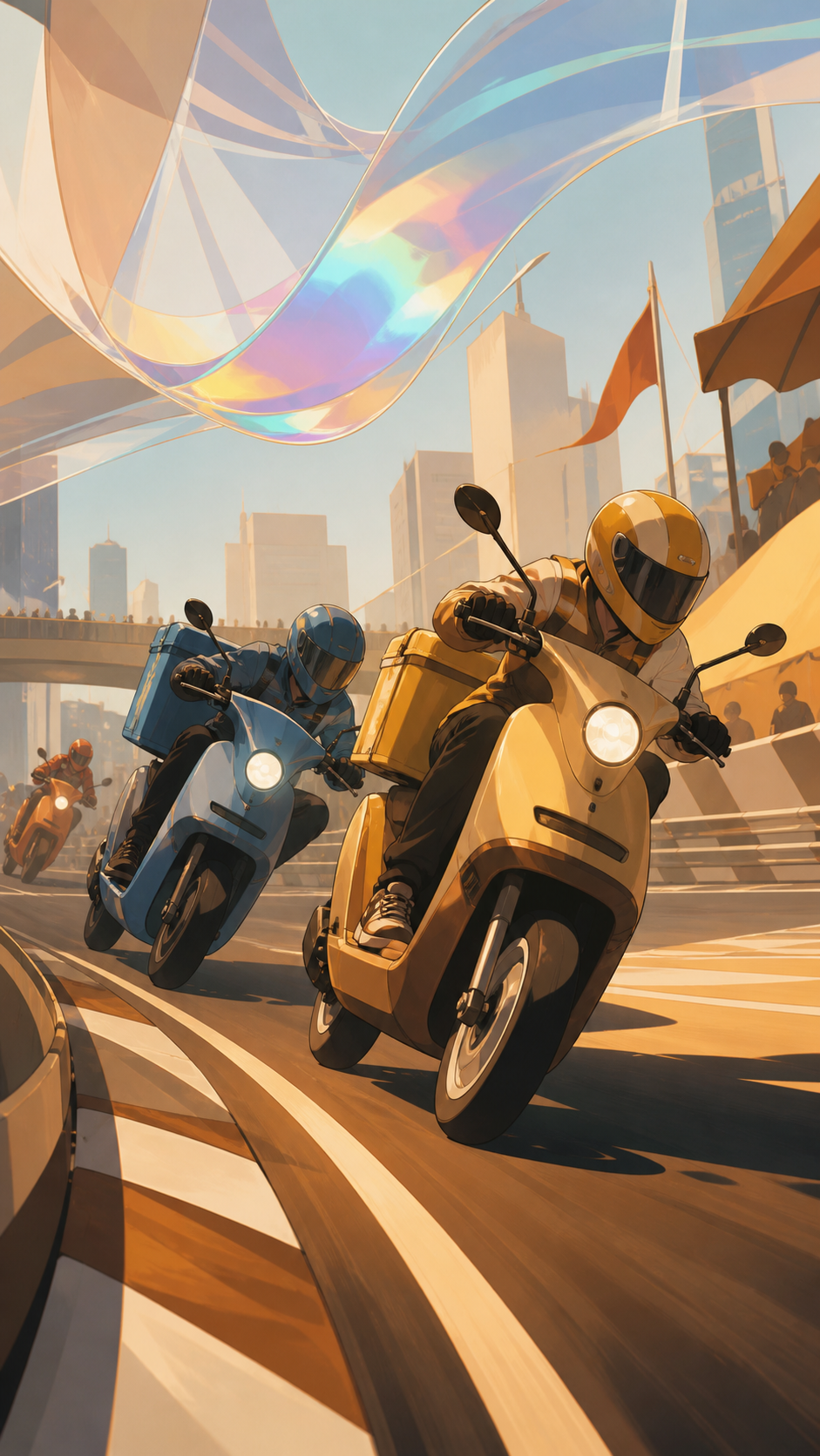 Delivery scooters weaving through a playful closed-course city race, at the exact moment one racer commits to a daring clean overtake. Low tracking angle beside the leading car through a strong curve. Amber, walnut brown
