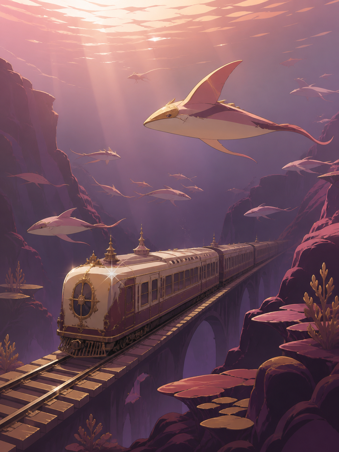 A sunken royal train crossing an ocean trench on intact rails, as a migration of unfamiliar luminous animals passes through. Wide underwater vista with light guiding the eye through multiple depths. Muted rose, parchment