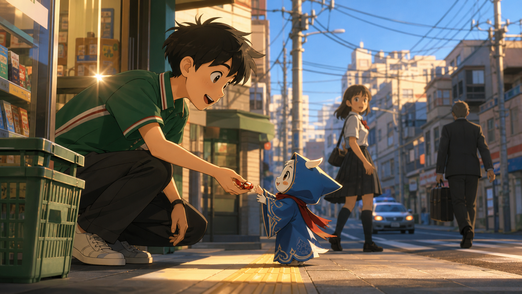 A teenage convenience-store clerk helping a tiny lost city spirit, during an ordinary weekday interrupted by one gentle supernatural event. Compressed telephoto composition layering several blocks of city life. Emerald, 