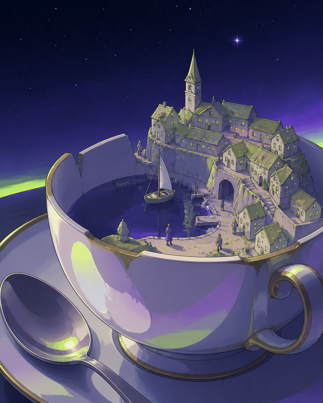 A harbor town thriving inside a chipped porcelain teacup, observed at close range with ordinary objects revealing the tiny scale. Macro diorama composition with one ordinary object anchoring scale. Acid lime, ultraviolet