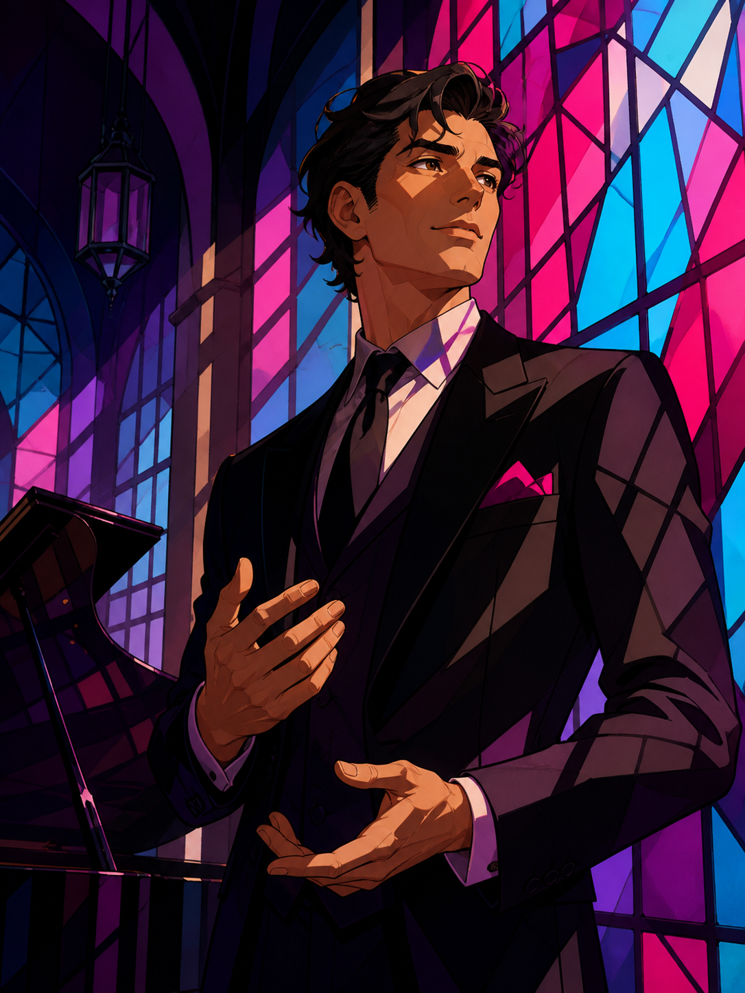 An adult male jazz singer in an immaculate suit after the final set, looking just outside frame as an unexpected visitor arrives. Intimate waist-up portrait with unusual negative space and environmental context. Saturate