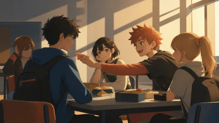 A new student being welcomed into an eccentric lunch-table group, as one simple gesture resolves an unspoken misunderstanding. Observational side view that feels candid rather than