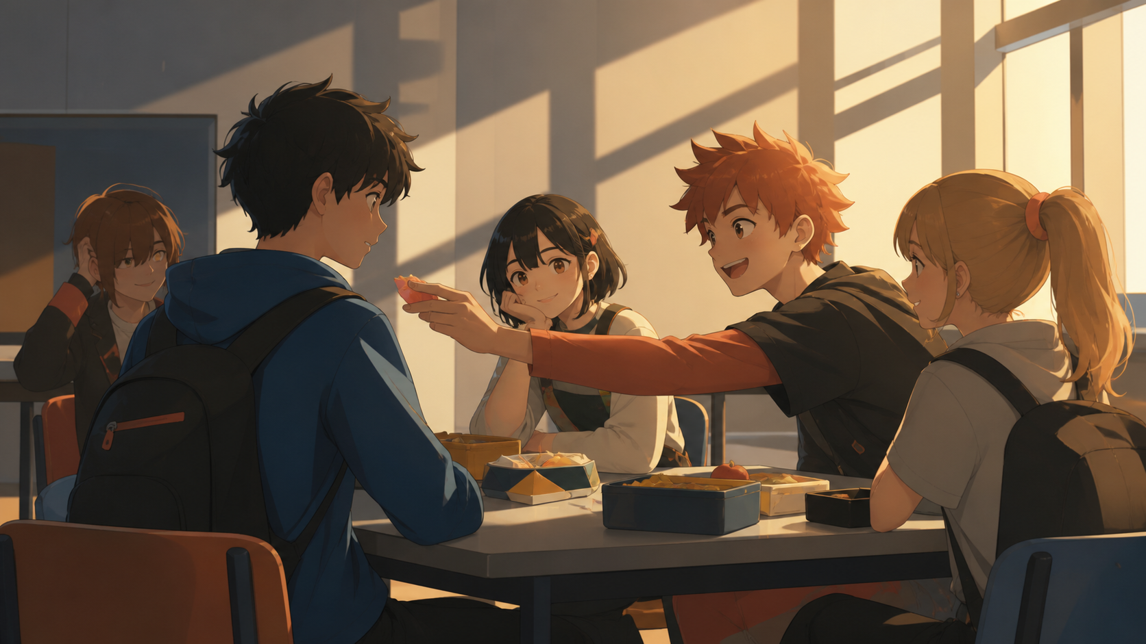 A new student being welcomed into an eccentric lunch-table group, as one simple gesture resolves an unspoken misunderstanding. Observational side view that feels candid rather than posed. Amber, walnut brown, rain blue, 