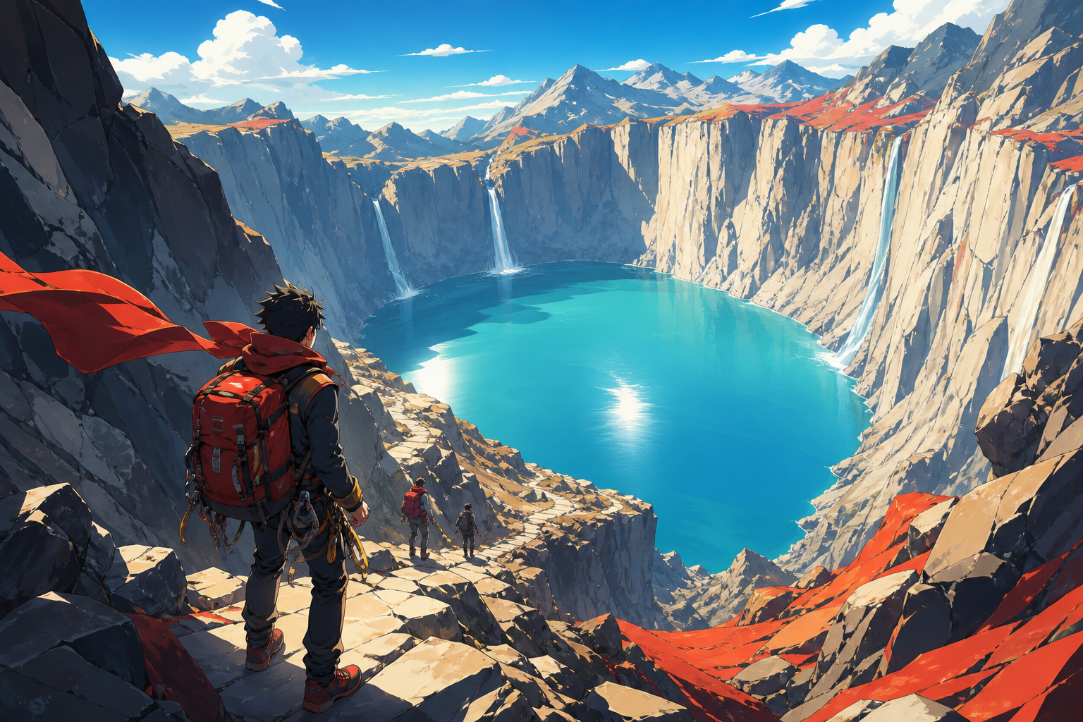 Climbers discovering a warm blue lake inside a high stone basin, in clear daylight with the route and destination both visible. Traveler-height viewpoint opening suddenly onto a vast valley. Vermillion, charcoal, warm iv