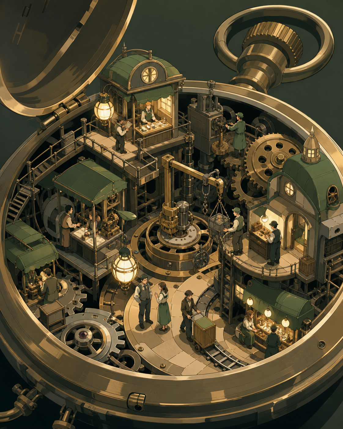 A bustling market hidden inside the mechanism of a pocket watch, as inhabitants solve an everyday problem using ingenious small machinery. Isometric-like miniature vista with multiple readable zones of activity. Moss gre