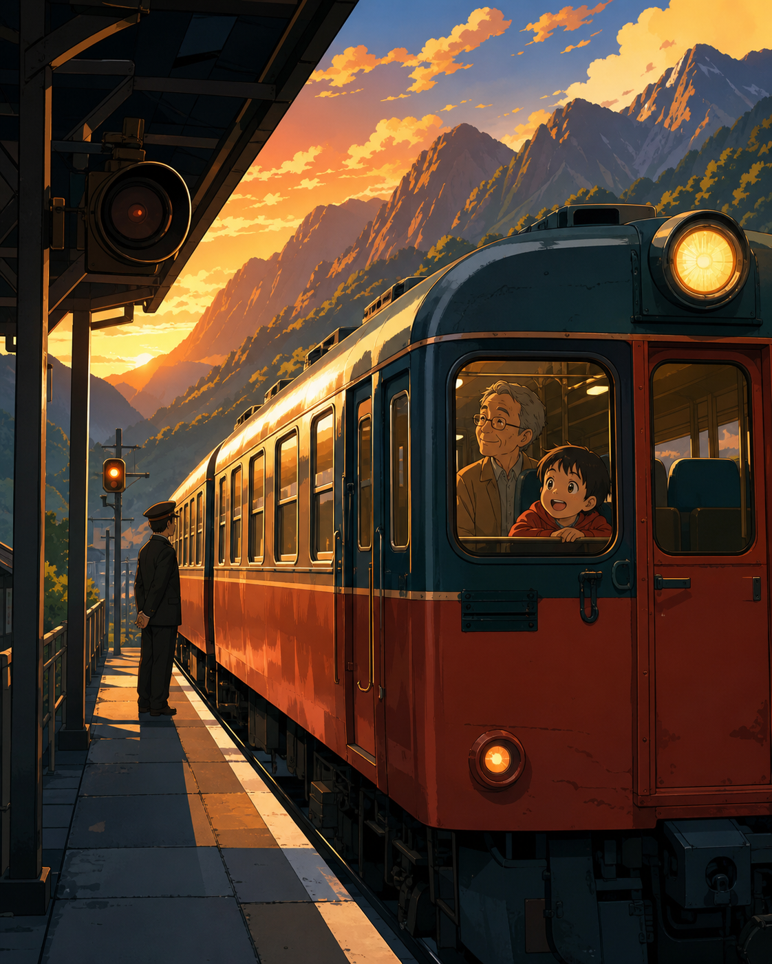A child and grandparent sharing a window seat through mountain country, during a long golden evening with changing reflections on the windows. Platform-wide composition with the arriving train creating a strong line. Pet
