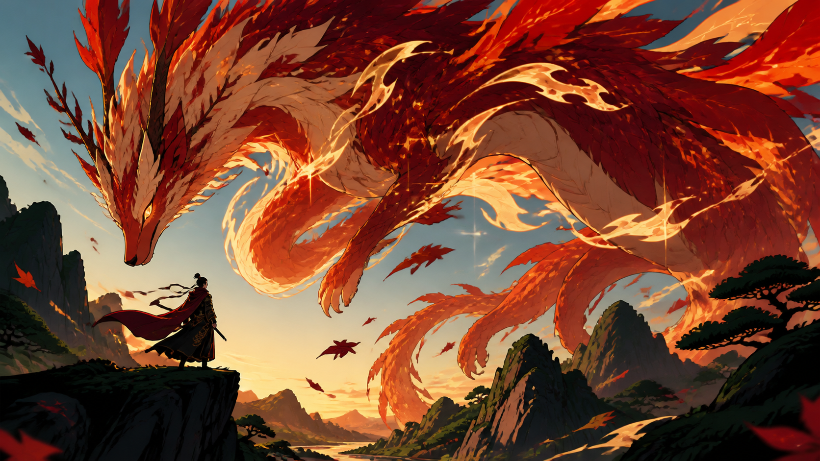A fox-dragon made from autumn leaves and ember-like light, crossing its natural habitat during a rare seasonal migration. Low-angle encounter framed by terrain and atmospheric depth. Burgundy, midnight green, bone white,