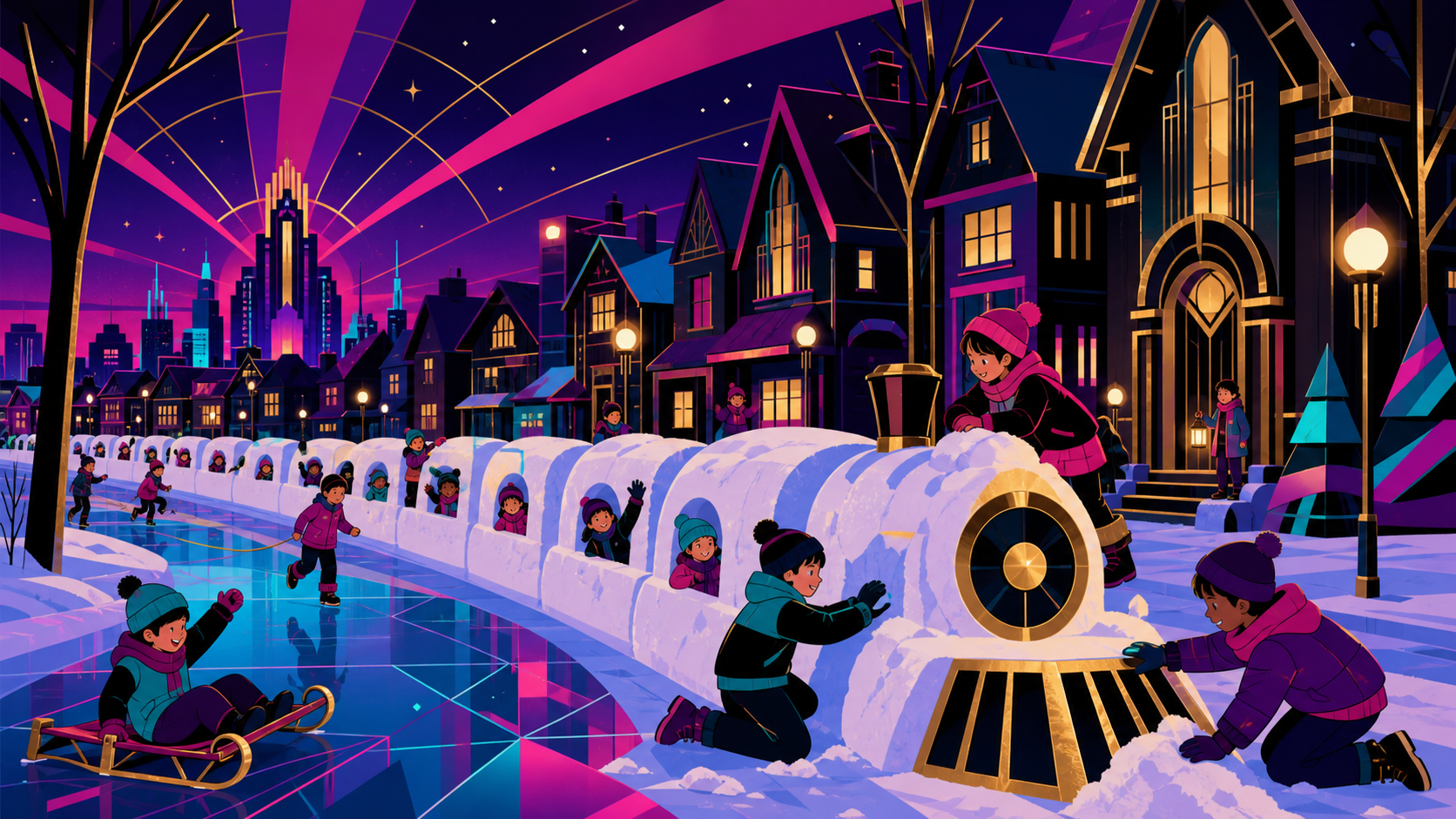 Children building a snow train long enough for the whole neighborhood, during lively age-appropriate winter fun. Cozy evening composition balancing outdoor play and warm buildings. Saturated magenta, electric cyan, deep 