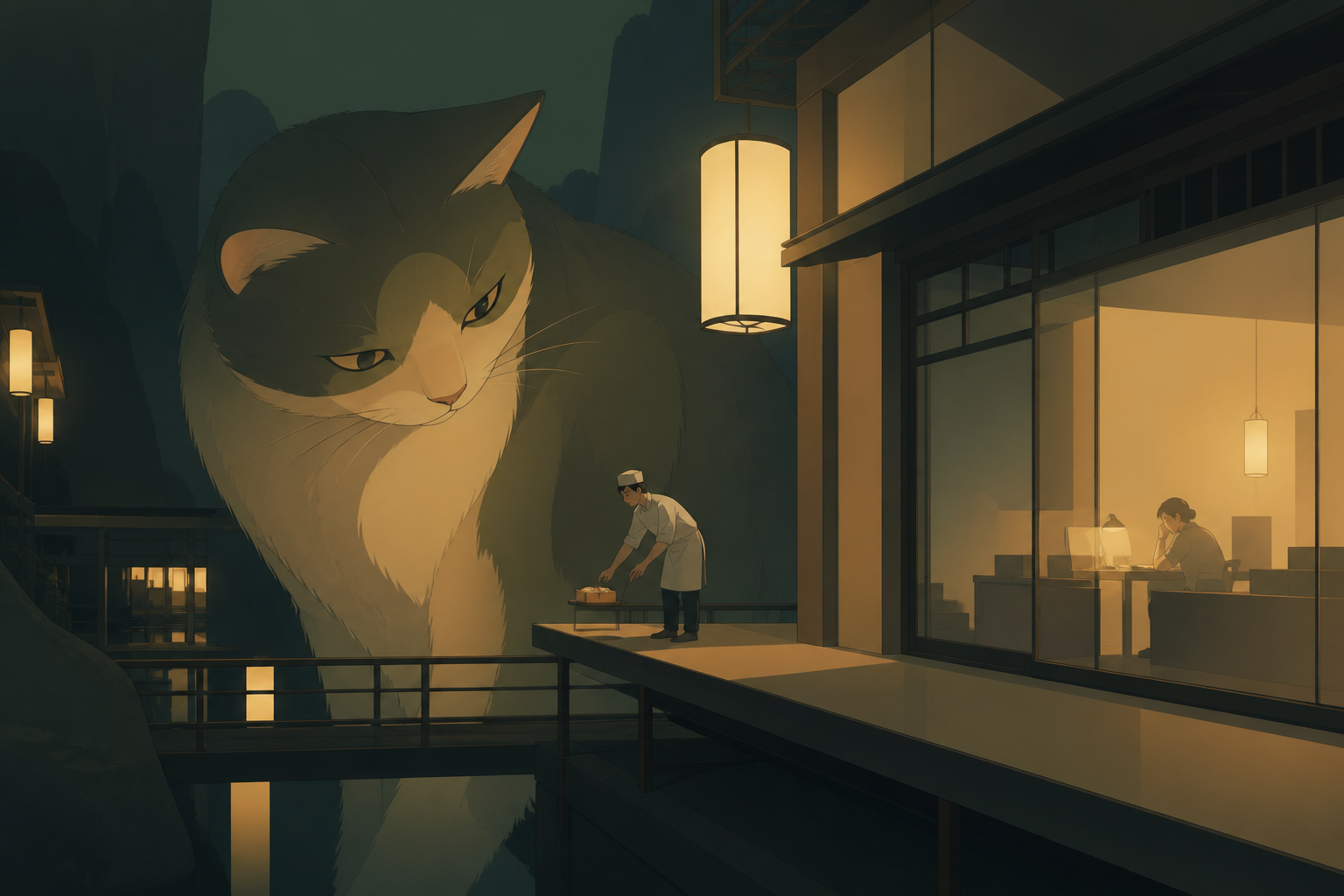 An adult chef leaving a quiet midnight meal for someone working late, captured through a small gesture rather than an exaggerated embrace. Observational long shot where one small gesture becomes the focal point. Moss gre