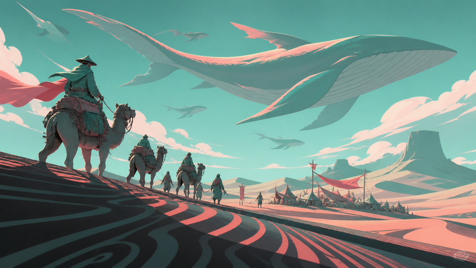 A caravan following the migrating shadows of enormous sky whales, with tiny travelers and camp details emphasizing the monumental landscape. Low desert viewpoint using foreground wind patterns to lead toward the destinat