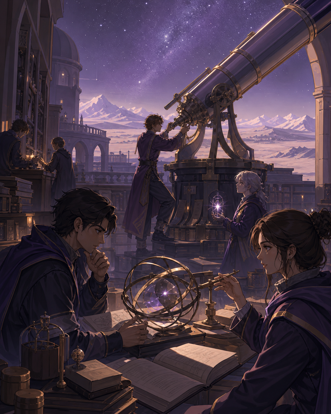 Adult astronomy students calibrating a telescope that observes possible futures, during an ordinary lesson complicated by one unexpected result. Library perspective following a visual trail through several study zones. M