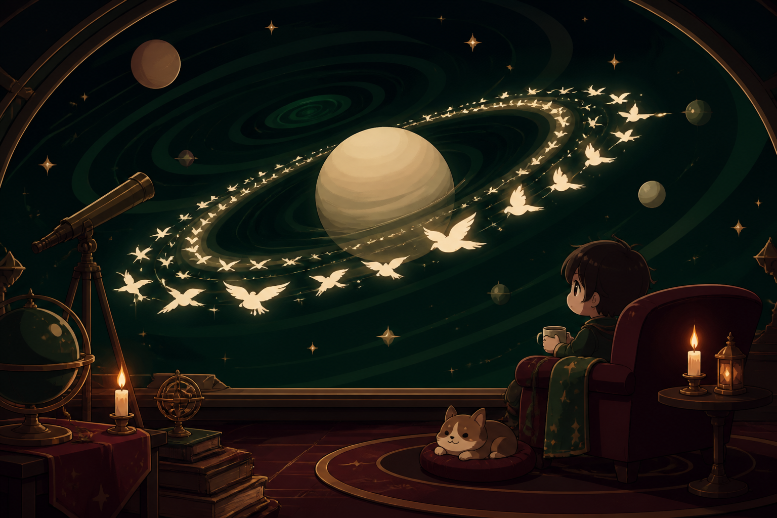 A ringed planet whose rings are made from migrating luminous birds, at the calm center of a vast gravitational phenomenon. Expansive widescreen composition with strong negative space. Burgundy, midnight green, bone white