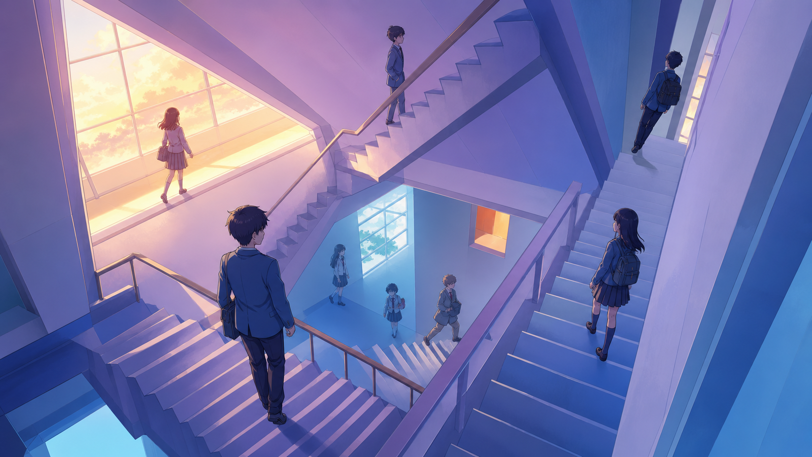 Students walking along several sides of the same school staircase, during ordinary activity that treats impossible geometry as normal. Character-height view where the horizon changes across the frame. Pale lavender, icy 