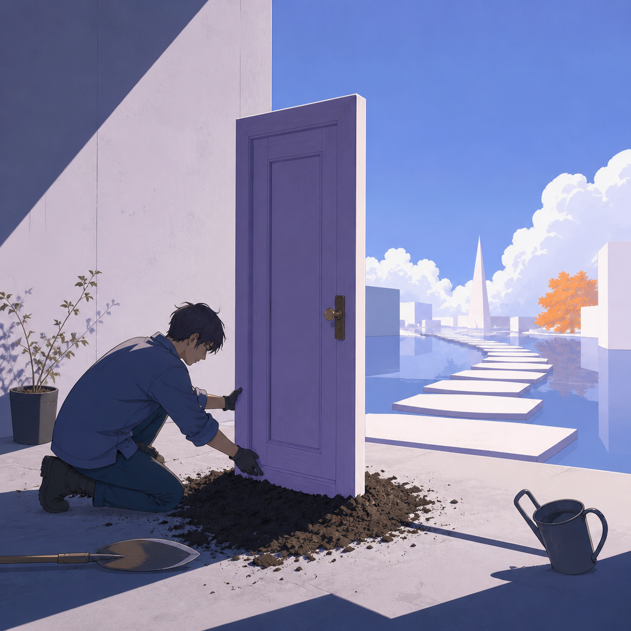 A grieving gardener planting a door that grows into a new path, expressing one emotion through a single concrete visual idea. Intimate character view connected to a larger surreal environment. Pale lavender, icy blue, gr