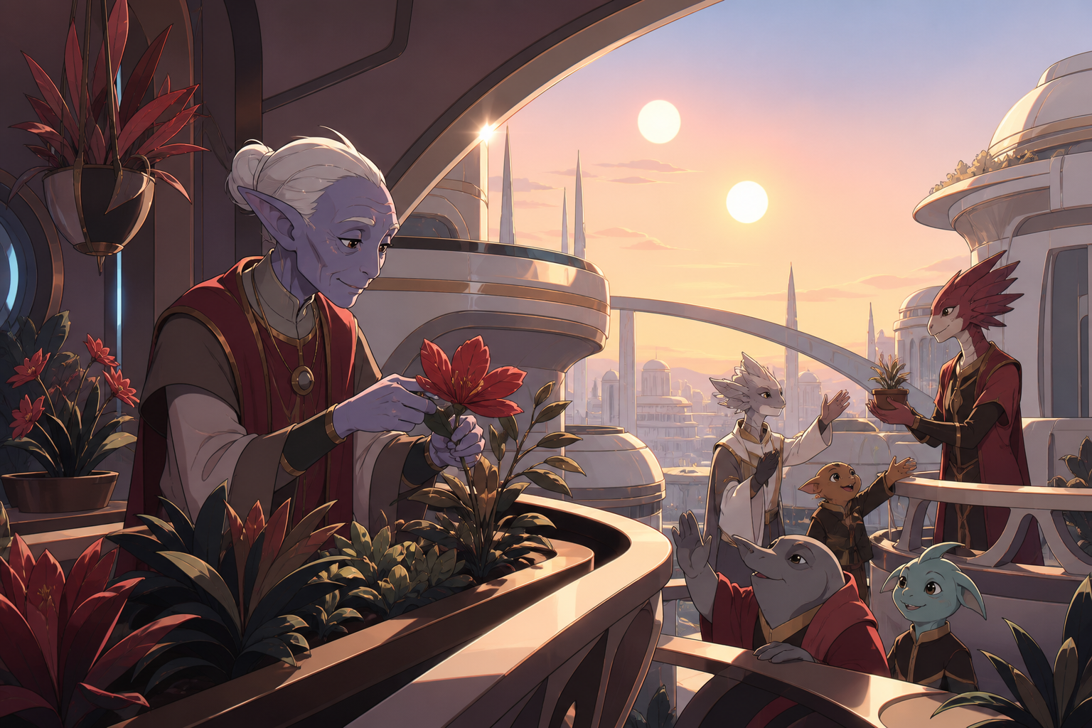 An elderly alien tending a balcony garden beneath two suns, during a warm community interaction across several species. Observational everyday frame that makes alien life feel familiar. Crimson, black cherry, muted bronz
