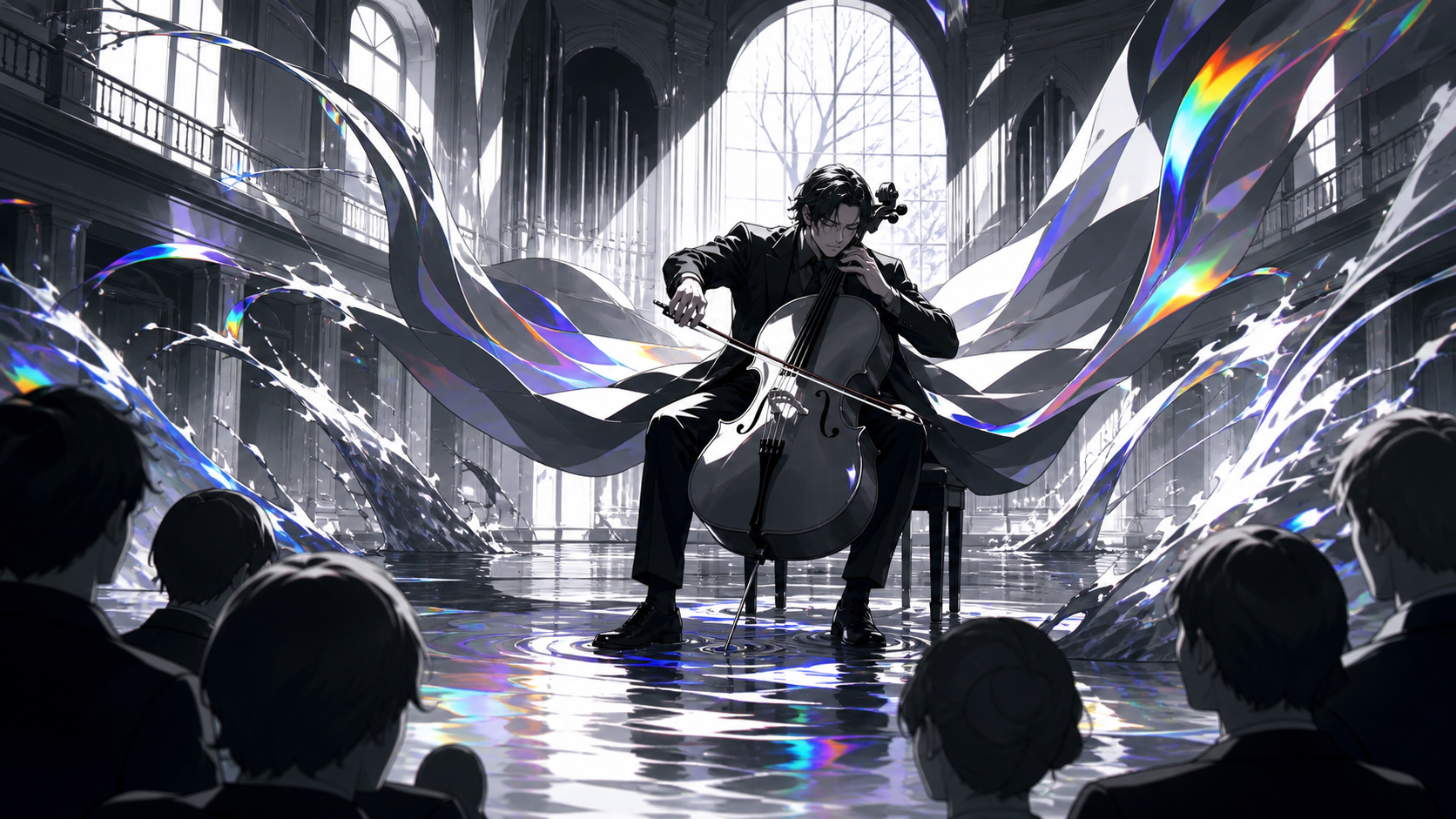 An adult cellist performing alone in a flooded concert hall, seen from within the audience as sound visibly transforms the environment. Dynamic stage-wide frame with movement radiating from the lead performer. Monochrome