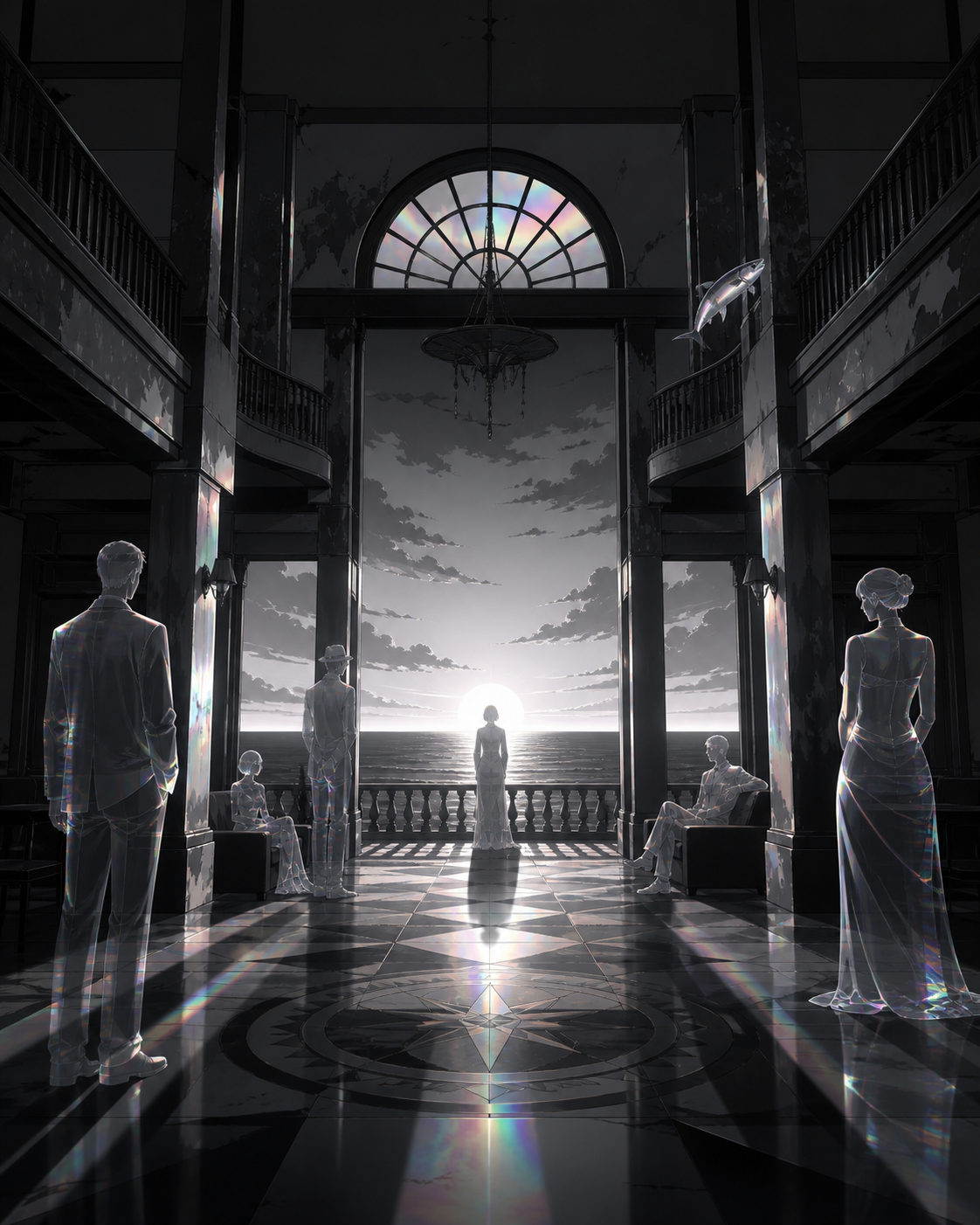 A seaside hotel where translucent guests patiently wait for sunrise, shown at the uneasy instant when something impossible becomes noticeable. Still symmetrical frame disturbed by one small impossible detail. Monochrome 