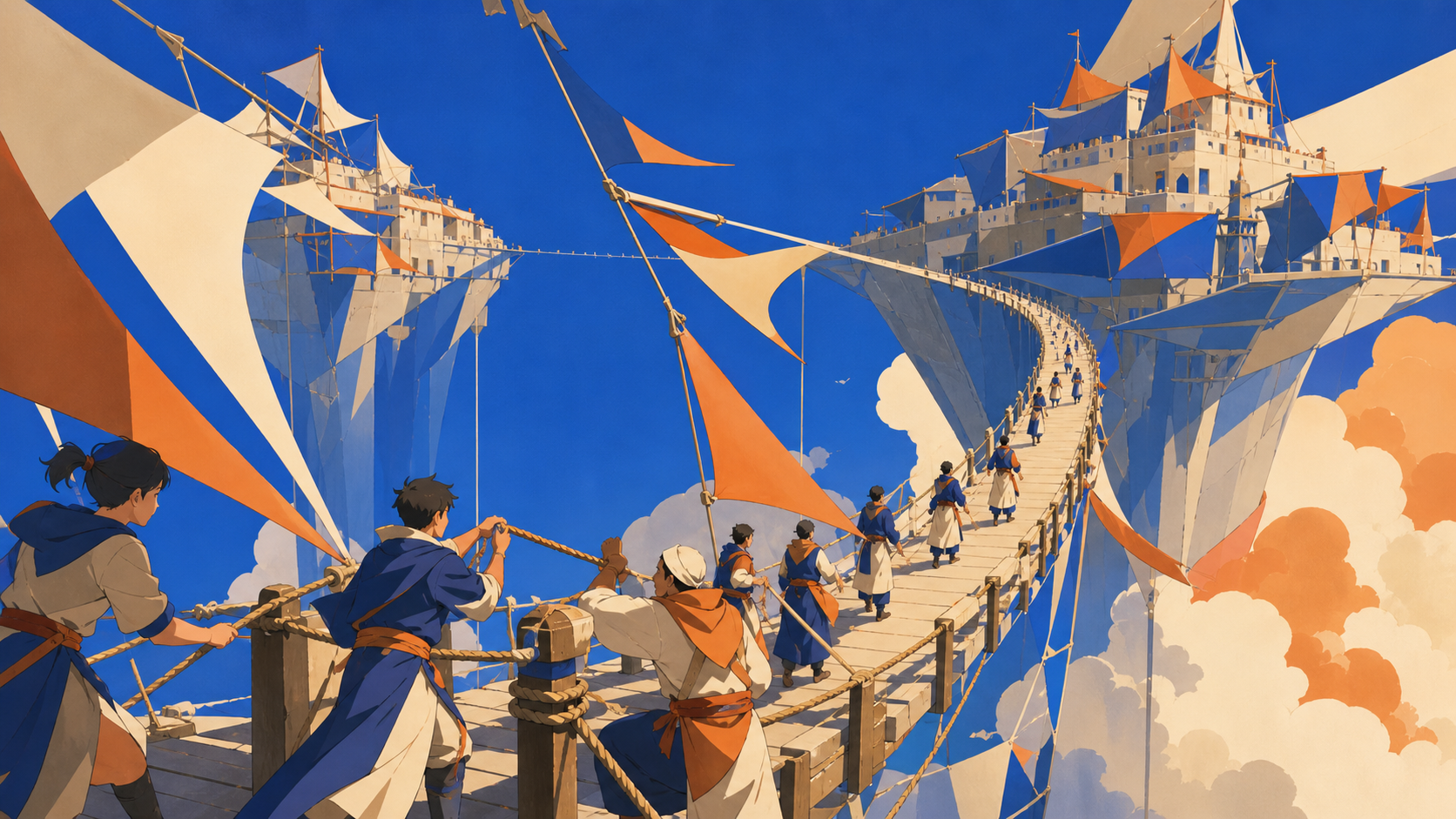 An impossibly long pedestrian bridge connecting two moving sky kingdoms, as changing winds force inhabitants into a practiced communal response. Vertigo-inducing vertical composition balanced by a calm foreground activit