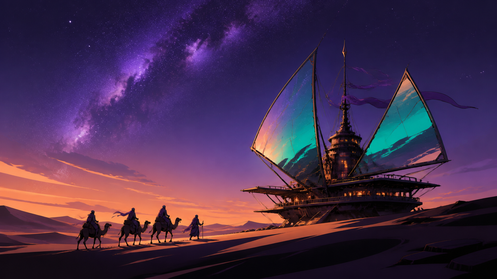 A nomadic observatory opening its mirrored sails beneath the Milky Way, seen in the blue hour when heat gives way to starlight. Extreme wide landscape with a small but readable journey crossing it. Apricot, orchid purple
