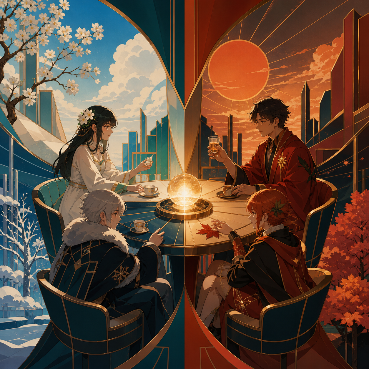 A café table shared by four seasons at once, as characters test the boundary between two connected realities. Wide scene structured around one elegant spatial fold. Petrol blue, oxide red, industrial gray, and warning-li