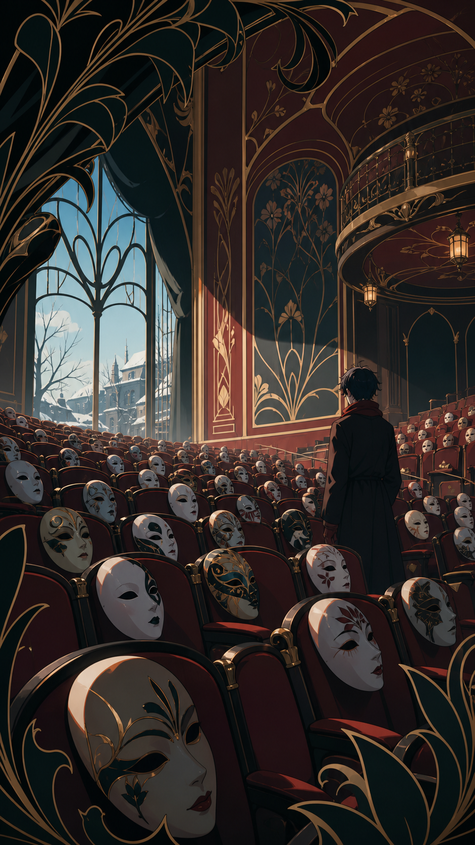 An abandoned theater where every empty seat holds a different porcelain mask, shown at the uneasy instant when something impossible becomes noticeable. Suspenseful deep-perspective composition with the threat implied rat