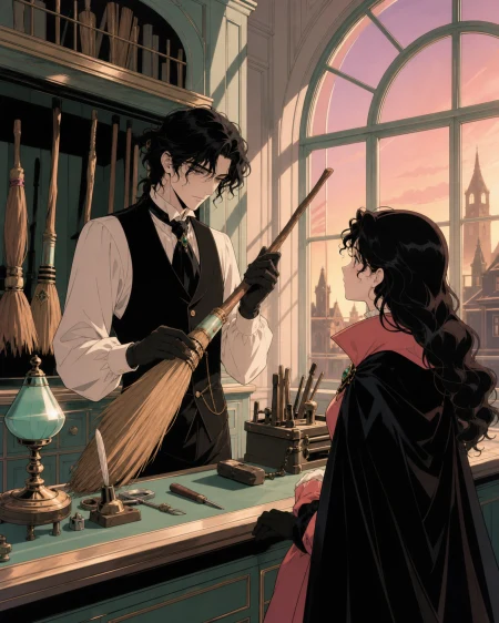 A roadside mechanic servicing broomsticks during the evening rush, at closing time when one final request changes the mood of the room. Observational workplace scene centered on on