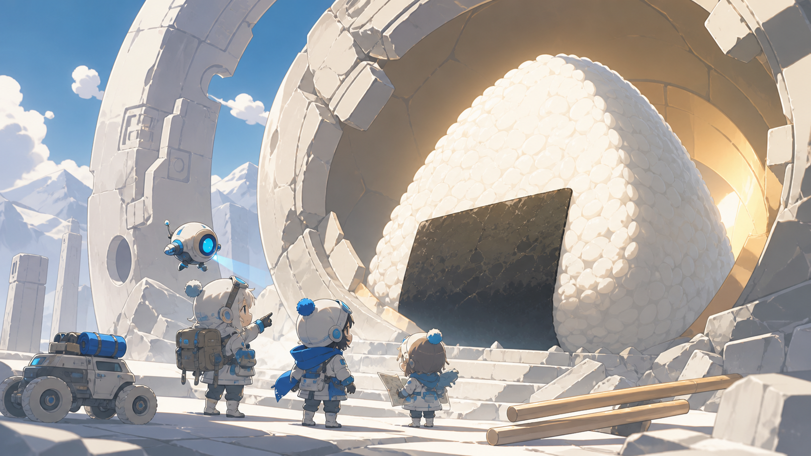 Miniature space explorers discovering a planet-sized rice ball, on a colorful journey where every obstacle is larger than the heroes. Centered ensemble pose interrupted by one moving object. Soft monochrome with a single