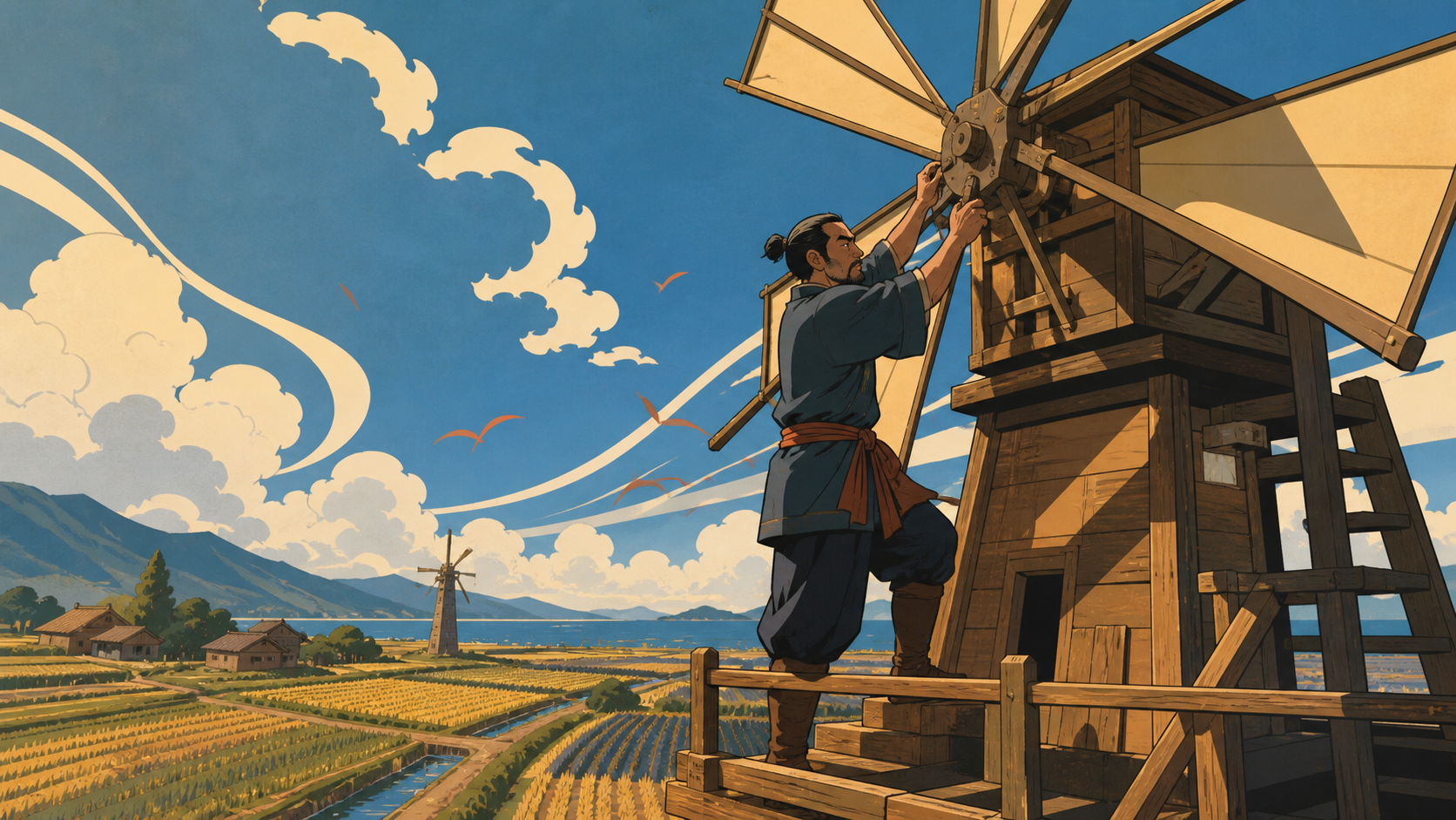 An adult miller adjusting a windmill that controls the direction of local breezes, during familiar seasonal work treated with quiet care. Medium environmental portrait connecting one worker to their craft. Amber, walnut 