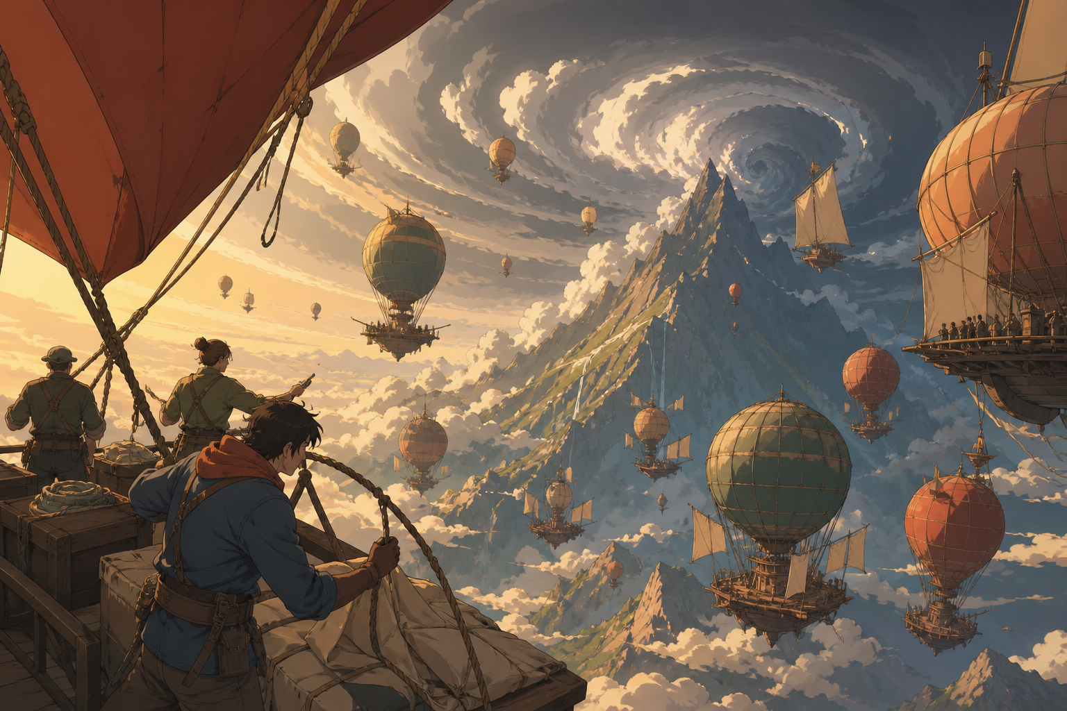 A balloon city gathering around a seasonal mountain-sized storm, as changing winds force inhabitants into a practiced communal response. Vertigo-inducing vertical composition balanced by a calm foreground activity. Clay 