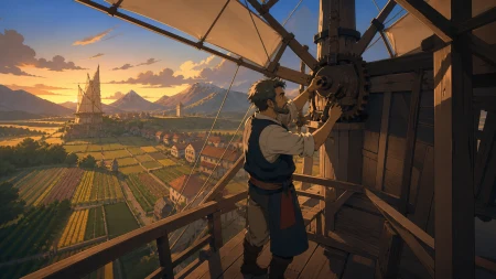 An adult miller adjusting a windmill that controls the direction of local breezes, when one small natural irregularity becomes a village event. Medium environmental portrait connec