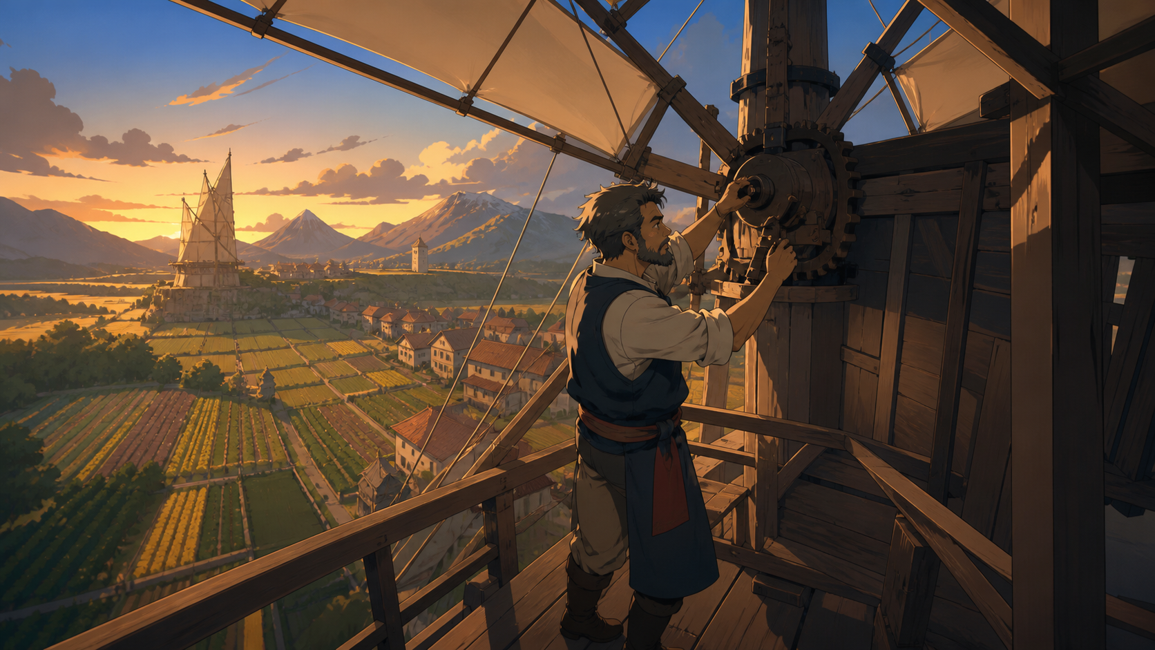 An adult miller adjusting a windmill that controls the direction of local breezes, when one small natural irregularity becomes a village event. Medium environmental portrait connecting one worker to their craft. Amber, w